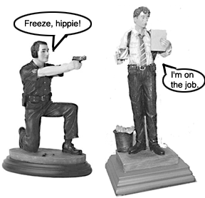 [Cop points gun, mistakes cop for hippie]